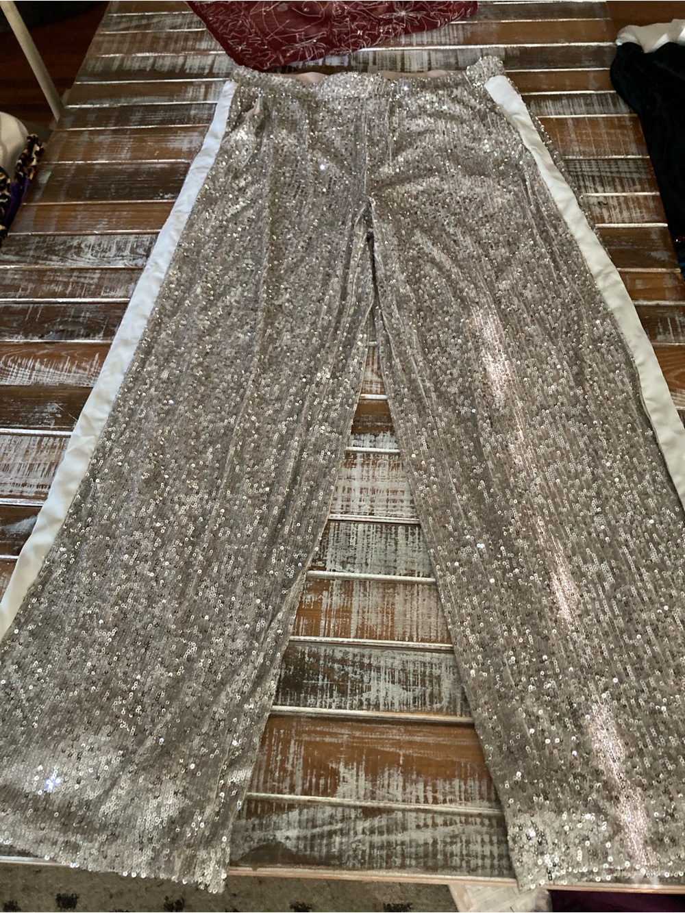 Cable & Gauge Silver Sequin Wide Leg Pants with White Side Stripe